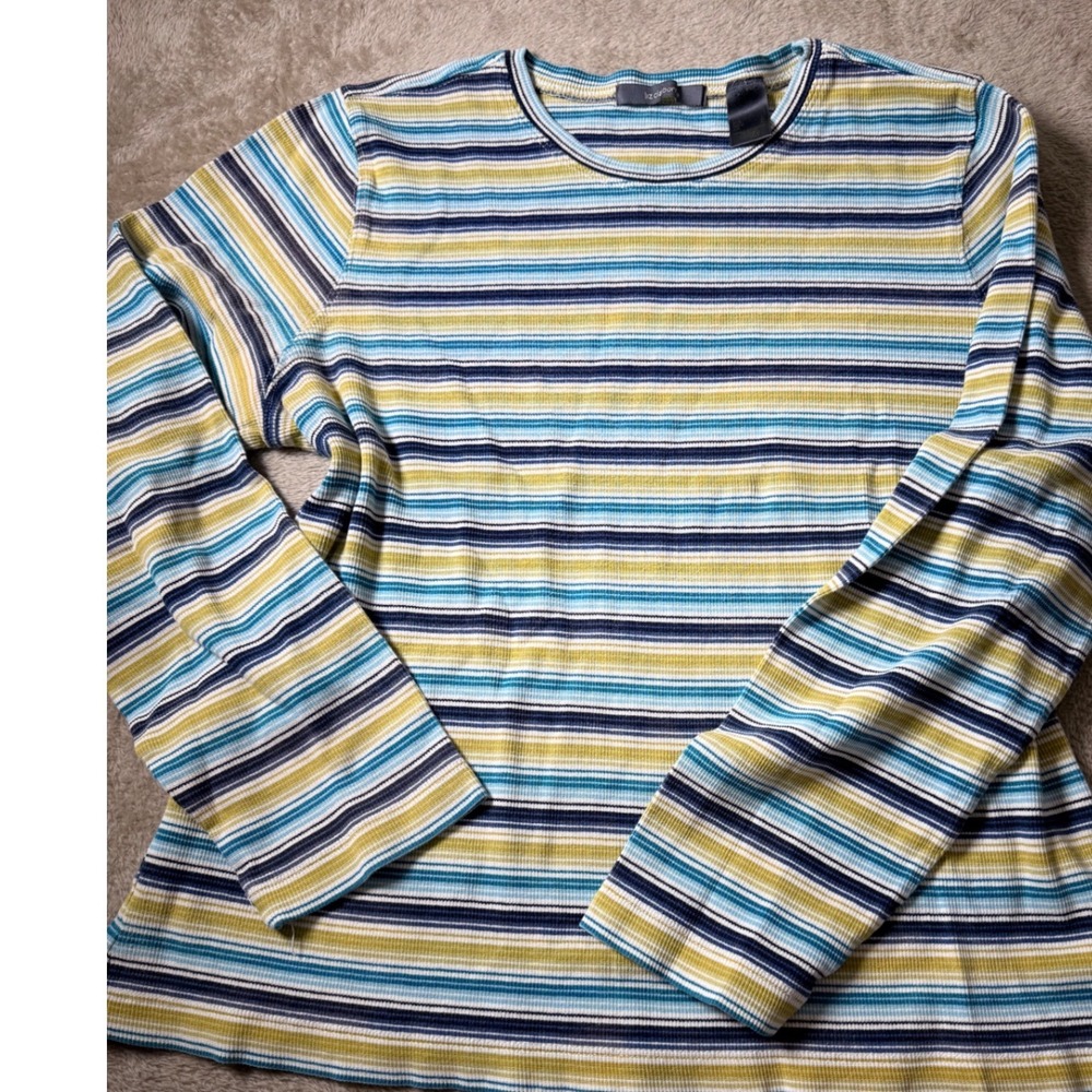Liz Claiborne Womens Striped Ribbed Long Sleeve Crew Neck Top L 90s ButterMom